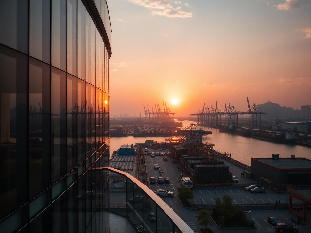 Modern office overlooking a Chinese industrial port at sunset